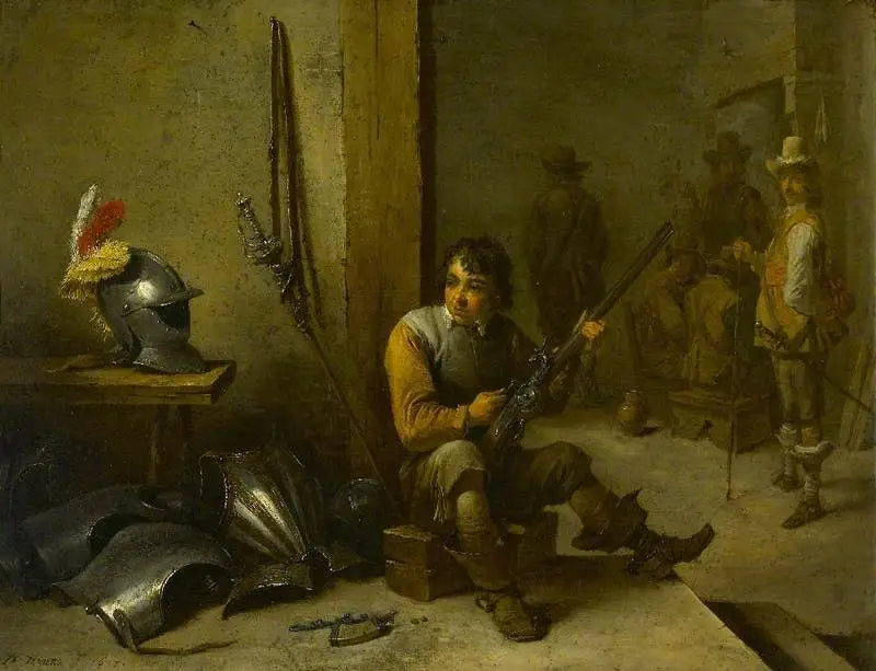 Un soldado limpiando un fusil de chispa en una sala de guardia, una armadura a su lado y soldados más allá - David Teniers el Joven