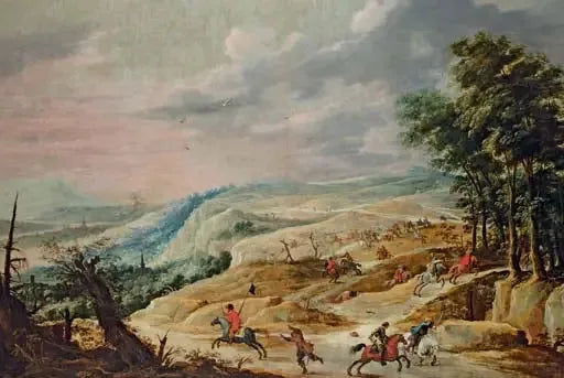 Un vasto paisaje con un escaramuza de caballería en una cresta - David Teniers el Joven