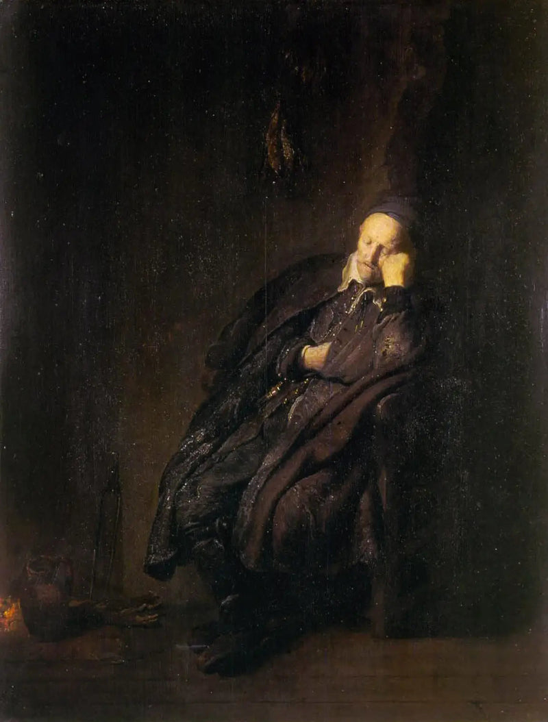 Un anciano duerme cerca de - Rembrandt