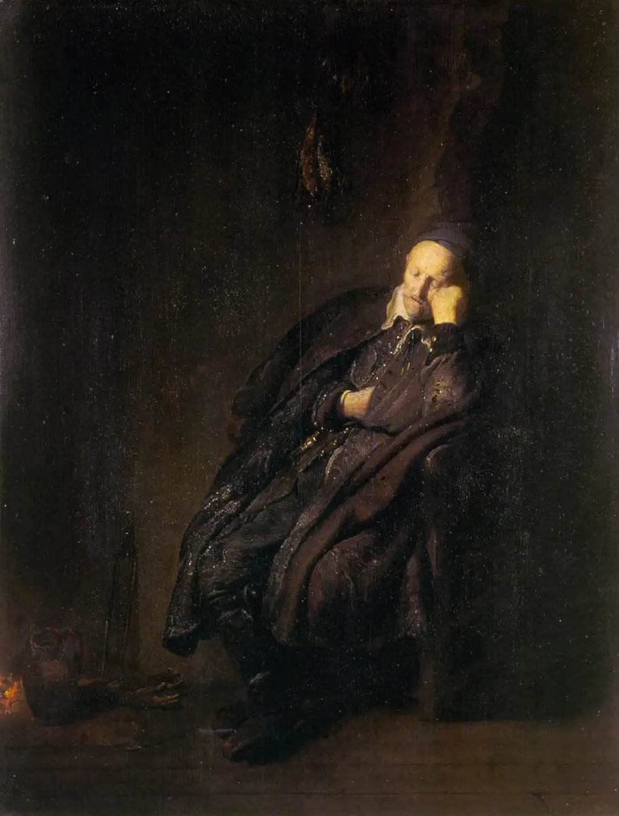 Un anciano duerme cerca de - Rembrandt