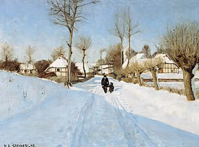 Un anciano y una niña pequeña entre casas con techos de paja. - H. A. Brendekilde
