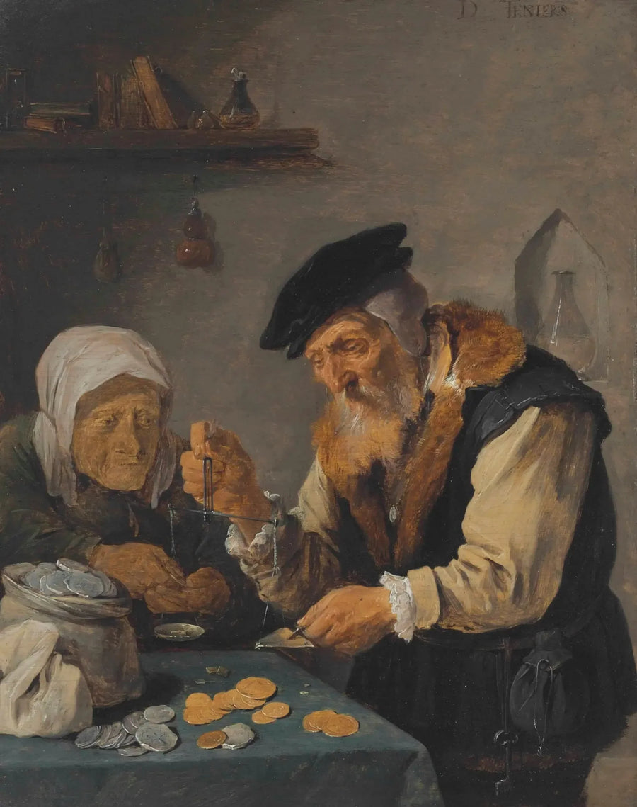 Un anciano y una anciana pesan monedas - David Teniers el Joven