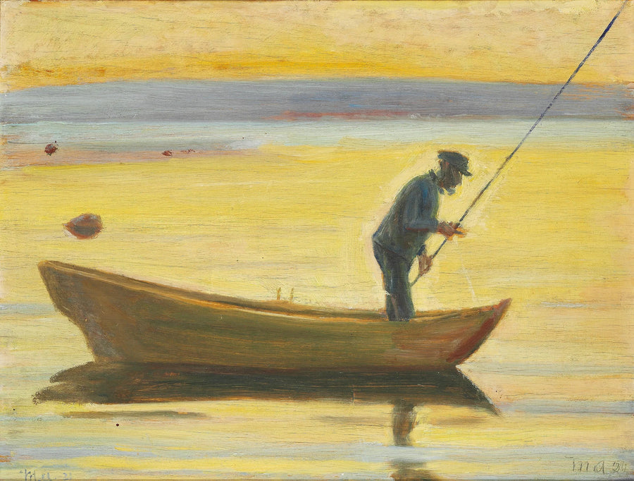 Un anciano está pescando desde un bote. - Michael Peter Ancher