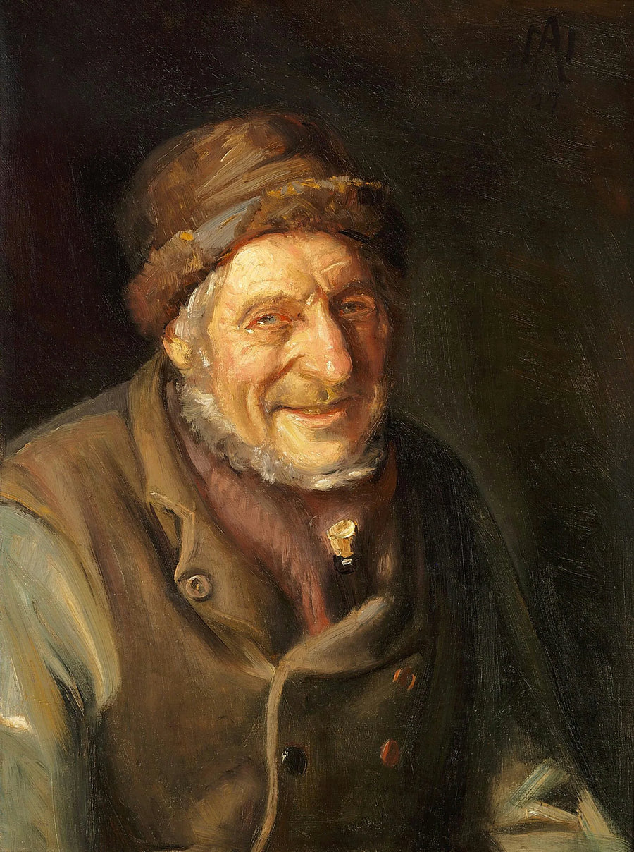 Un anciano sonriente de Skagen, con una botella bajo el chaleco. - Michael Peter Ancher