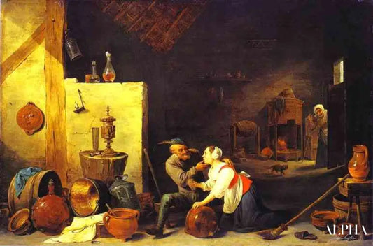 Un vieux paysan caresse une bonne de cuisine dans une étable - David The Younger Teniers - Reproductions de tableaux et peintures haut de gamme