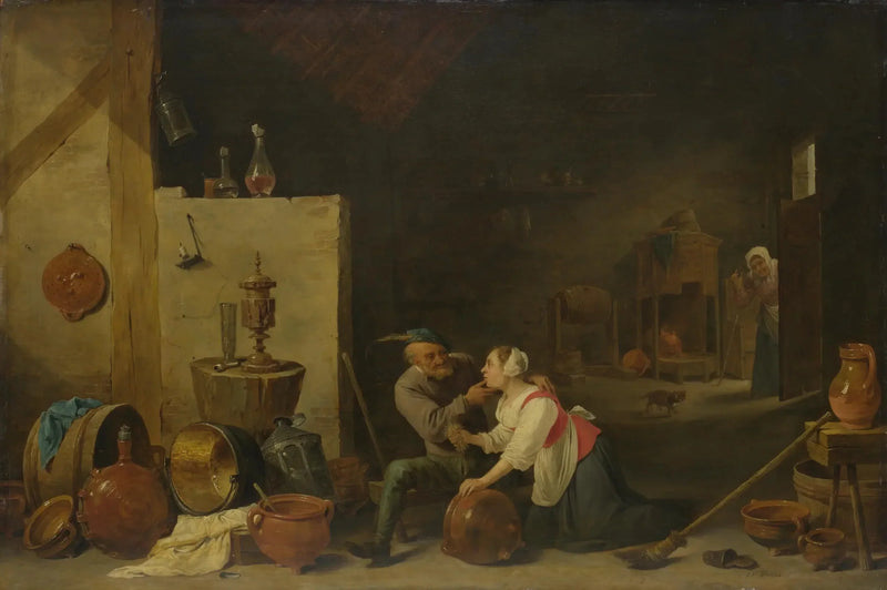Un viejo campesino acaricia a una sirvienta de cocina en un establo - David Teniers el Joven