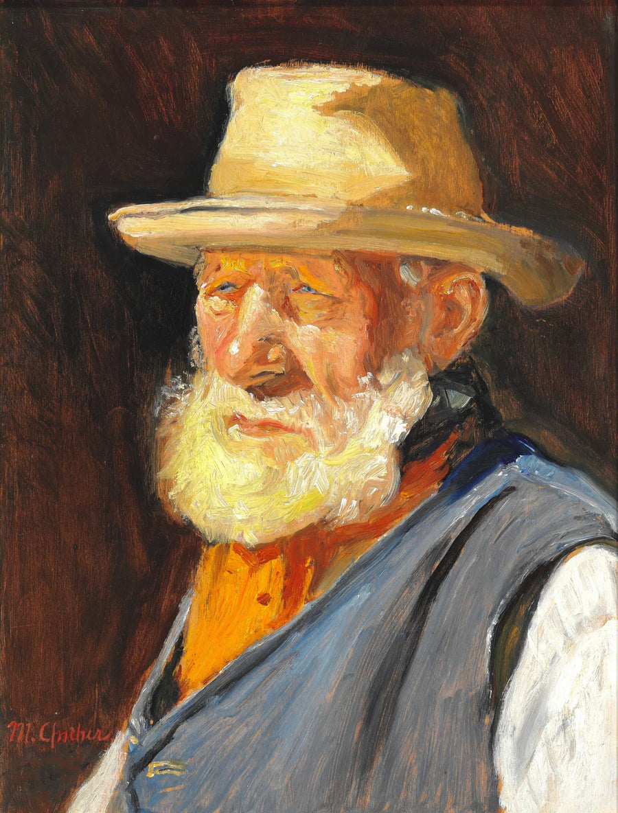 Un viejo pescador al sol, con un sombrero ligero de verano y un chaleco azul. - Michael Peter Ancher