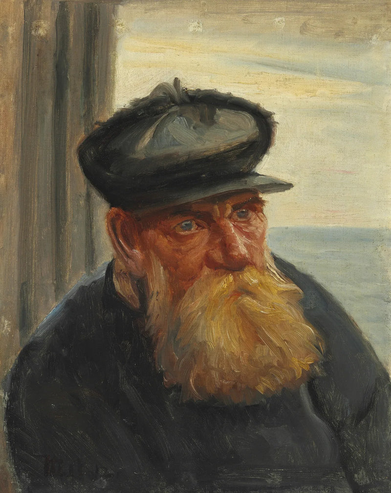 Un viejo pescador en un portal, con el mar al fondo, Skagen - Michael Peter Ancher