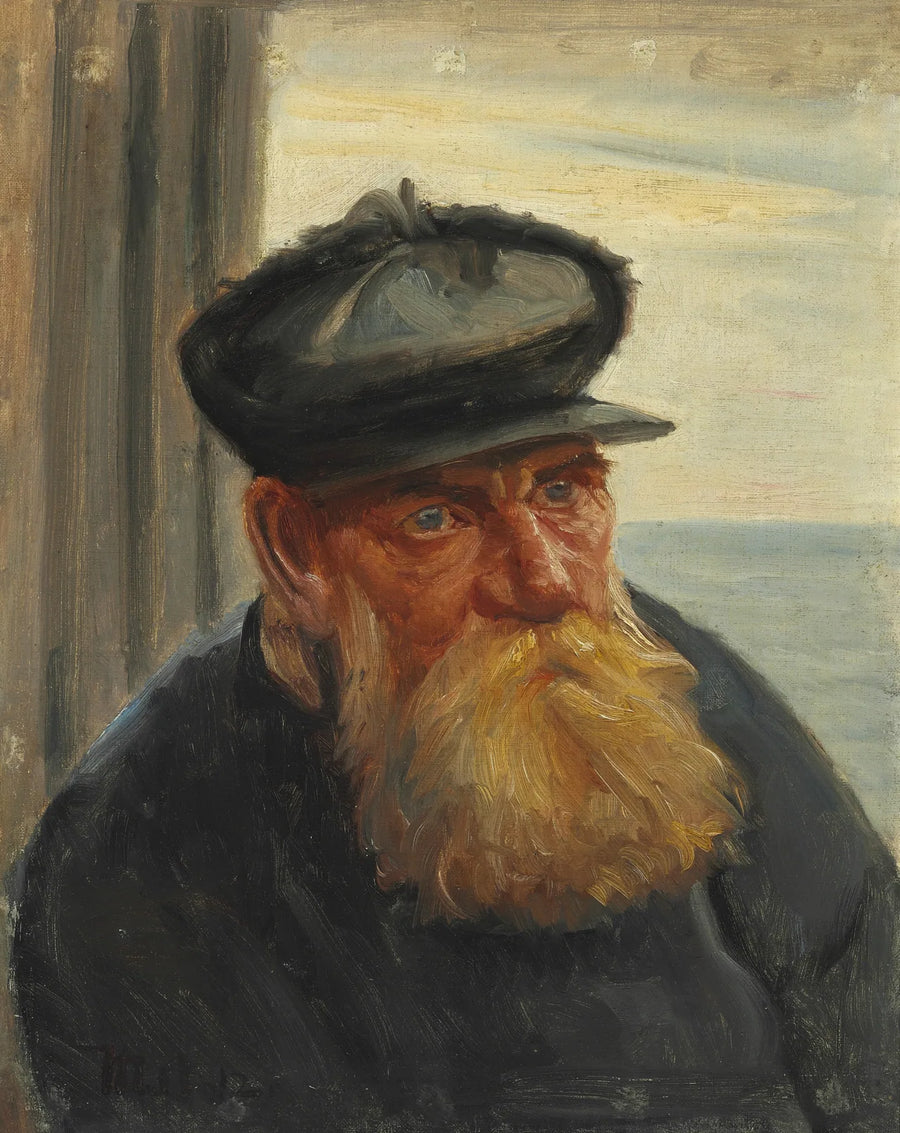 Un viejo pescador en un portal, con el mar al fondo, Skagen - Michael Peter Ancher