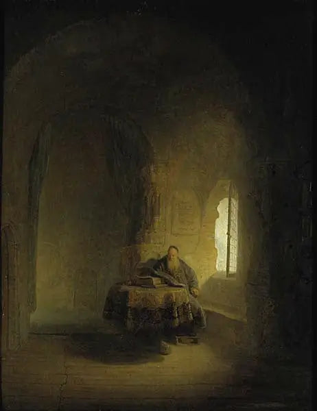 Un viejo sabio cerca de una ventana en una habitación abovedada - Rembrandt