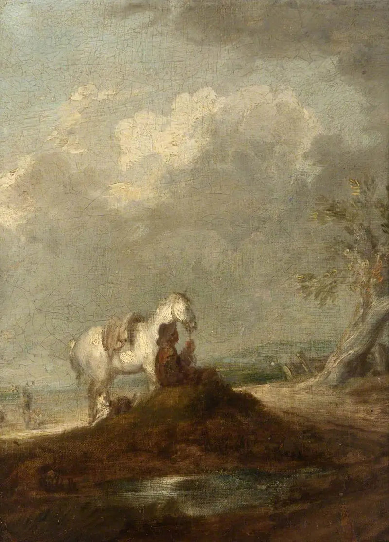 Un viajero sentado en un camino rural, sosteniendo un caballo blanco - Thomas Gainsborough