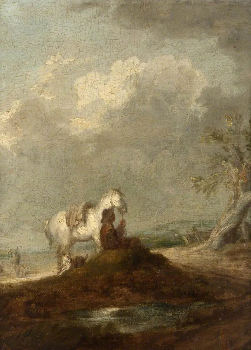 Un viajero sentado en un camino rural, sosteniendo un caballo blanco - Thomas Gainsborough