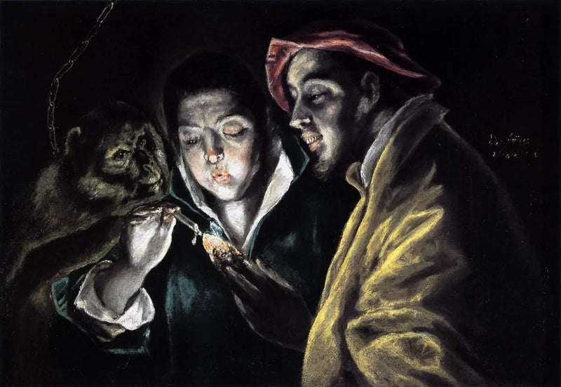 Una alegoría con un niño encendiendo una vela en compañía de un mono y un bufón - El Greco