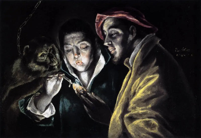 Una alegoría con un niño encendiendo una vela en compañía de un mono y un bufón - El Greco