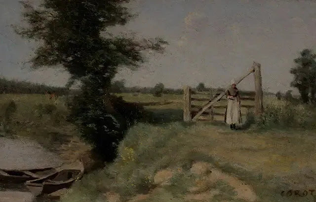 Una barrera en los prados junto a un canal. Alrededores de Abbeville - Jean-Baptiste Camille Corot