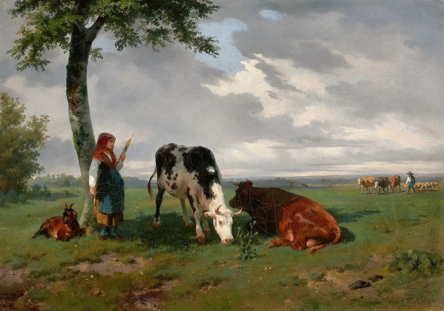 Una pastora con una cabra y dos vacas en un prado - Rosa Bonheur