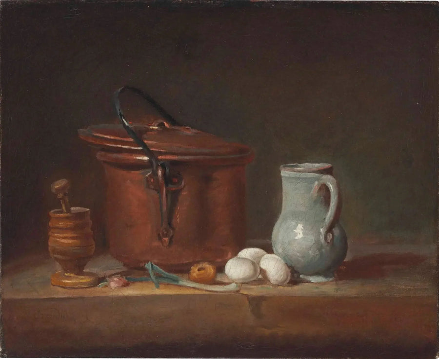 Una cacerola de cobre, un pilón y un mortero, una jarra, una cebolleta, huevos y una cebolla en una estantería - Jean Simeón Chardin