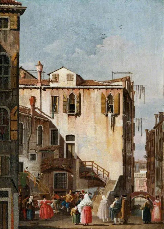 Una plaza en Venecia con un hombre y una mujer bailando - Canaletto
