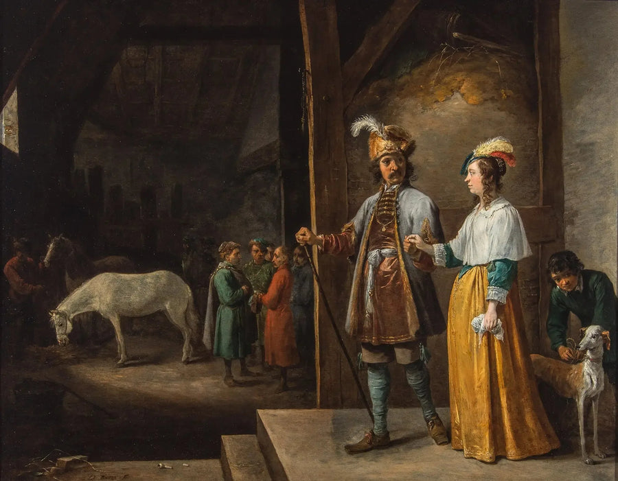 Una dama y un caballero entrando en un establo - David Teniers el Joven
