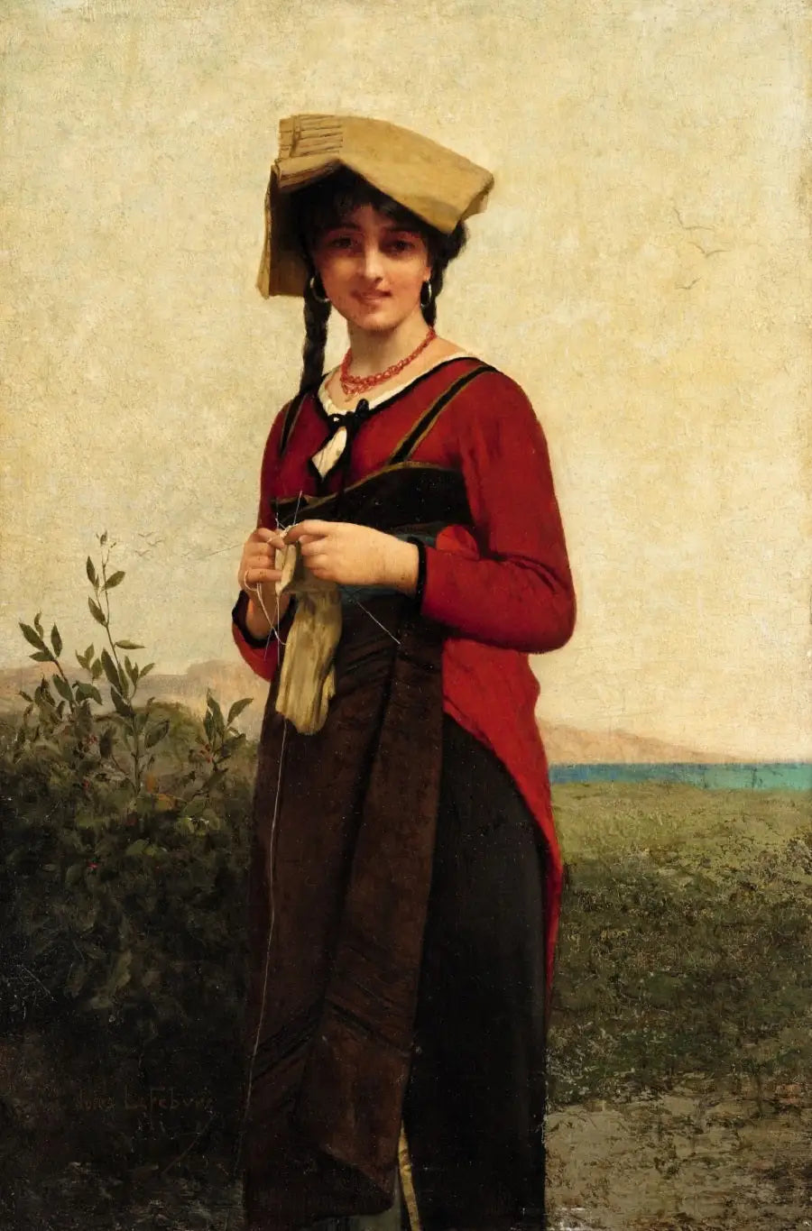Una dama italiana tejiendo a crochet - Jules Lefebvre