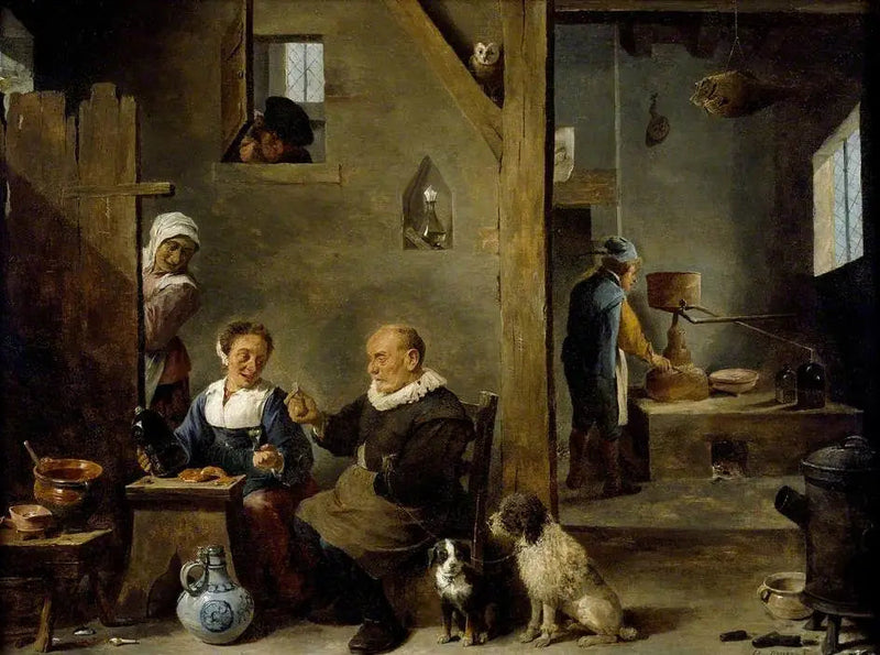Una destilería con un hombre mayor comprando ginebra a una mujer - David Teniers el Joven