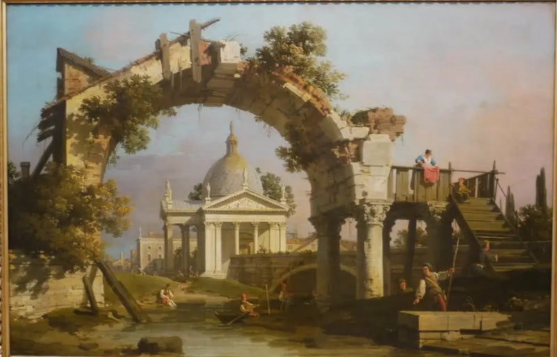 Una iglesia en forma de cúpula vista a través de un arco en ruinas - Canaletto