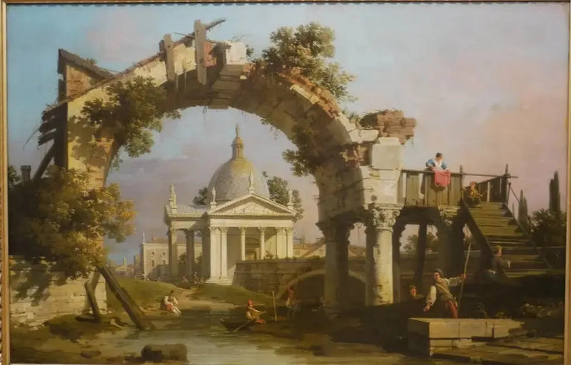 Una iglesia en forma de cúpula vista a través de un arco en ruinas - Canaletto
