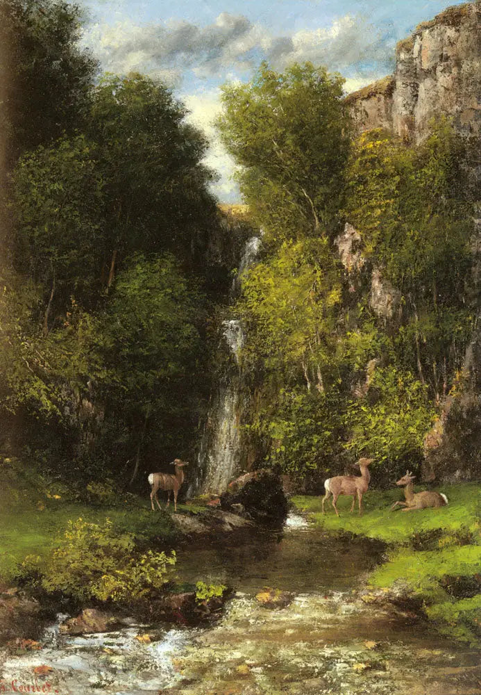 Una familia de ciervos en un paisaje con una cascada - Gustave Courbet