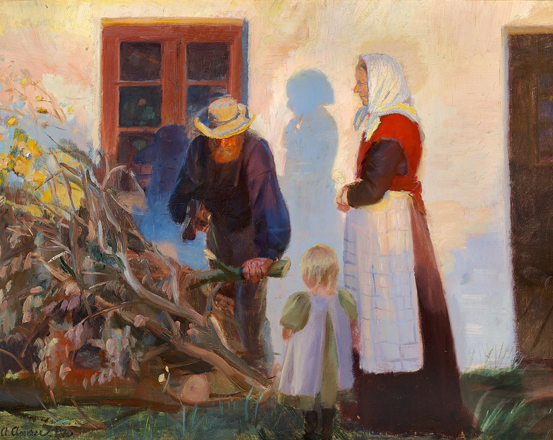 Una familia en Skagen corta ramas frente a una casa. - Anna Ancher