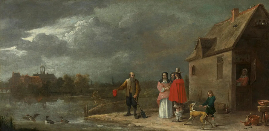 Una familia de pie en un paisaje con una casa rodeada de fosos en el fondo - David Teniers el Joven