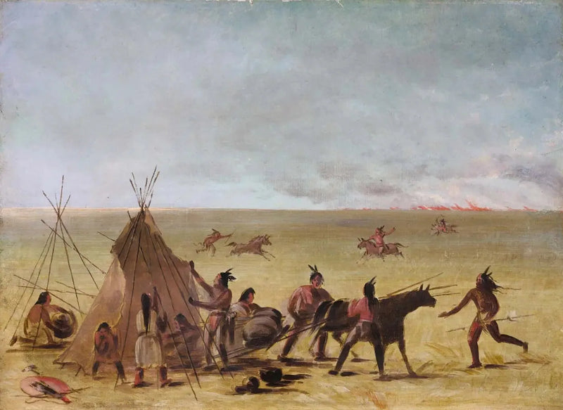Una familia india alarmada por la aproximación de un incendio en las praderas - George Catlin