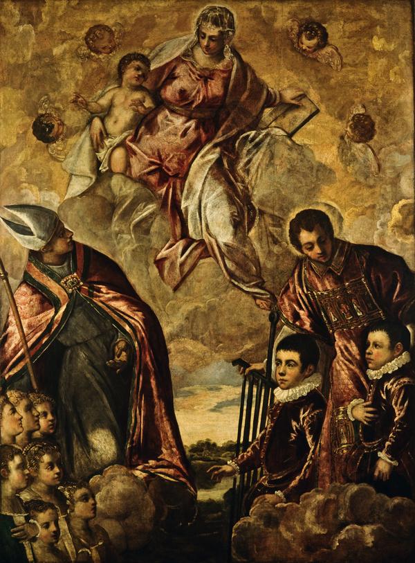 Une famille vénitienne présentée à la Vierge par saint Laurent et un saint évêque - Jacopo Tintoretto image 1 tableau peint à l’huile sur toile