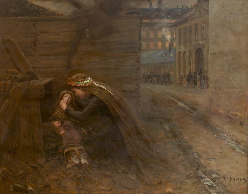 Una mujer lleva comida a dos niños. - H. A. Brendekilde