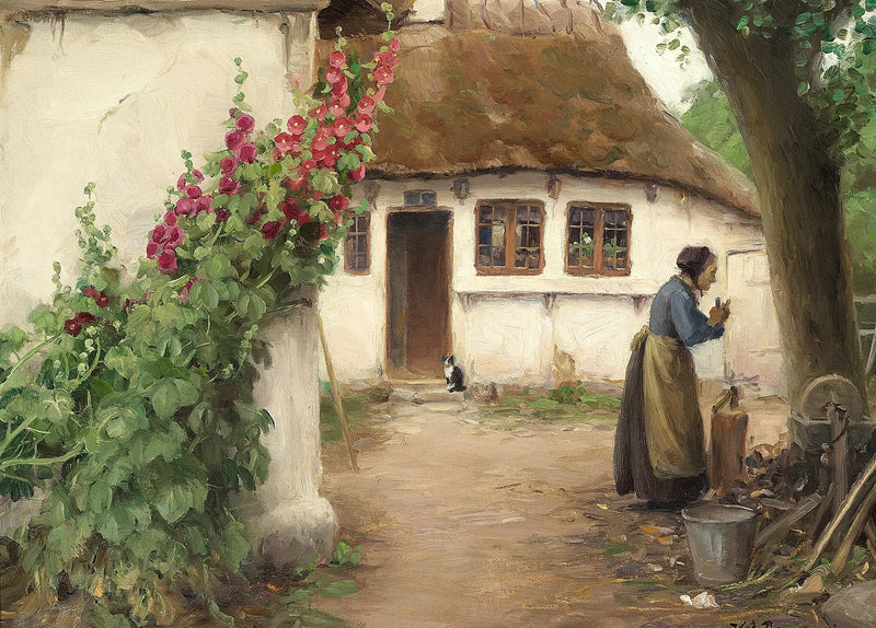 Una mujer en una granja con girasoles rojos. - H. A. Brendekilde
