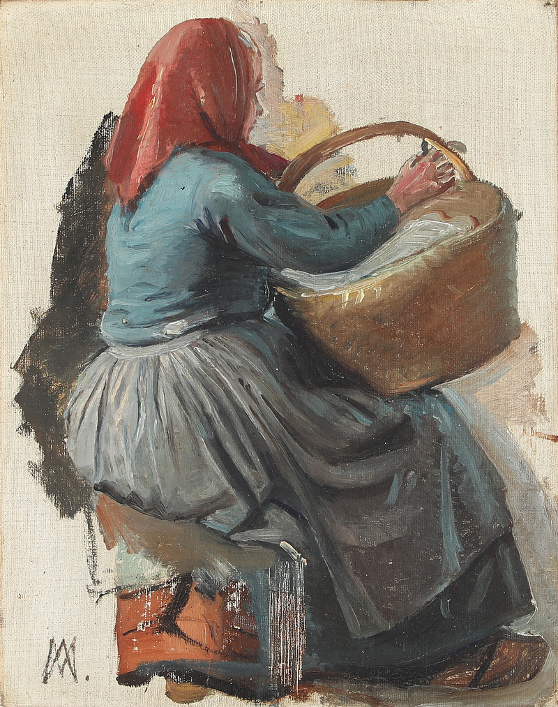 Una mujer vista de espaldas, llevando una cesta y un pañuelo rojo en la cabeza. - Michael Peter Ancher