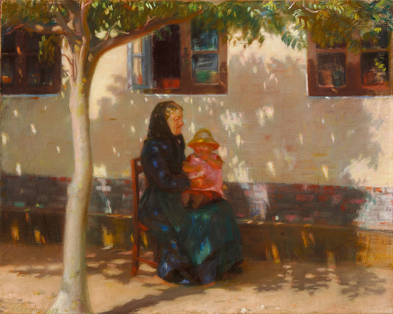Una mujer de Skagen sentada con la bebé Helga Ancher frente a una casa blanca. - Anna Ancher