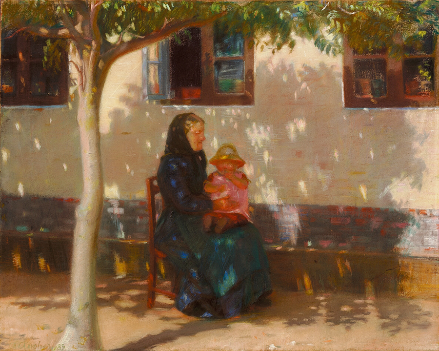Una mujer de Skagen sentada con la bebé Helga Ancher frente a una casa blanca. - Anna Ancher