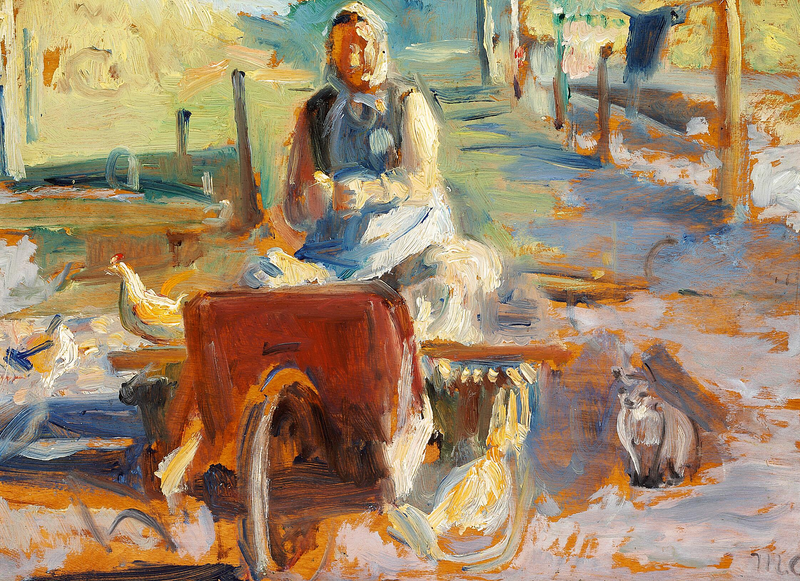 Una mujer de Skagen con un gato y algunas gallinas. - Michael Peter Ancher