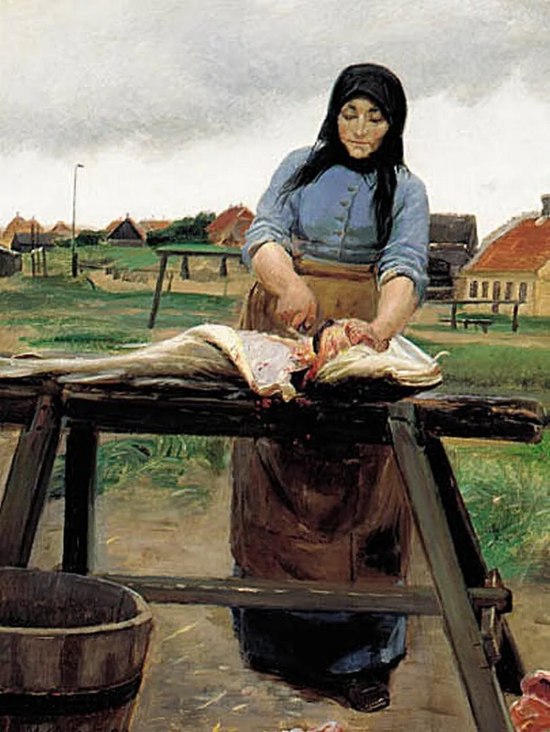 Una mujer de Skagen cortando un eglefino. - Michael Peter Ancher