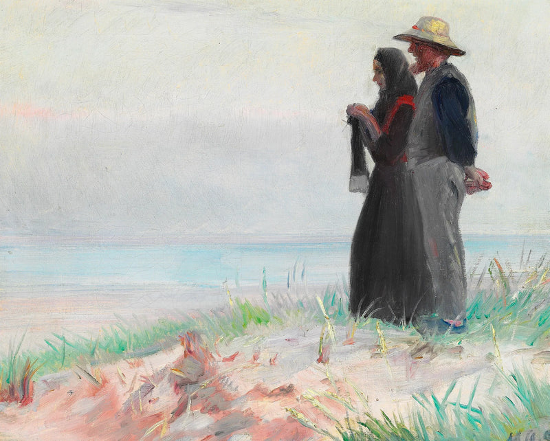 Una mujer de Skagen tejiendo y su marido en la playa. - Michael Peter Ancher