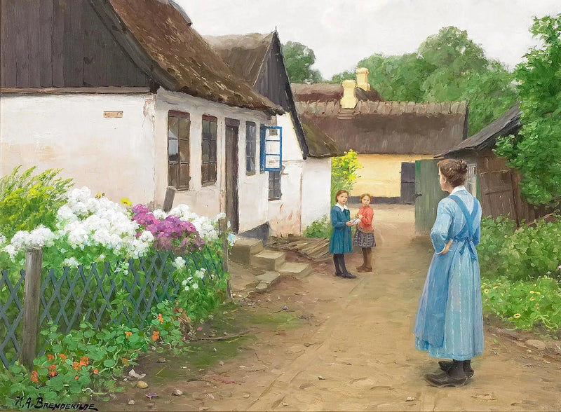 Una mujer y algunos niños en una pequeña calle de un pueblo. - H. A. Brendekilde