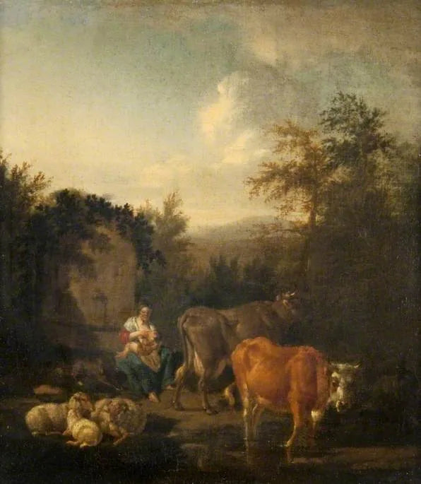 Une femme et un enfant, des vaches et des moutons près d'une fontaine - Adriaen van de Velde image 1 reproduction de peinture à l’huile