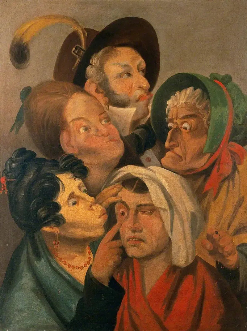 Una mujer examina el ojo doloroso de otra mujer, mientras que un hombre y otras mujeres se encuentran al lado - Louis-Léopold Boilly