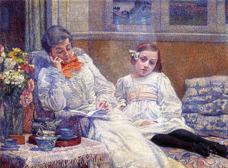 Una mujer leyendo y una niña pequeña - Théophile van Rysselberghe