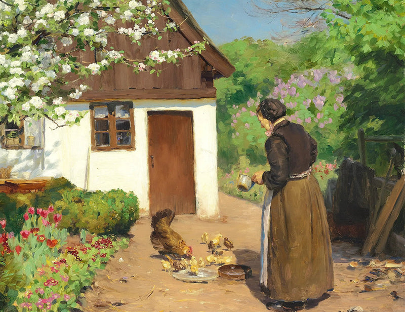 Una mujer alimenta a las gallinas frente a una granja blanca y calcárea en un día de verano. - H. A. Brendekilde