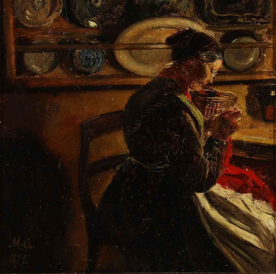Una mujer tejiendo en una cocina. - Michael Peter Ancher
