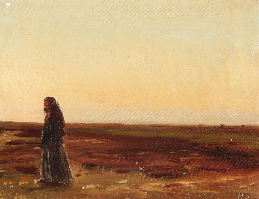 Una mujer regresa a casa en el páramo al atardecer. - Michael Peter Ancher