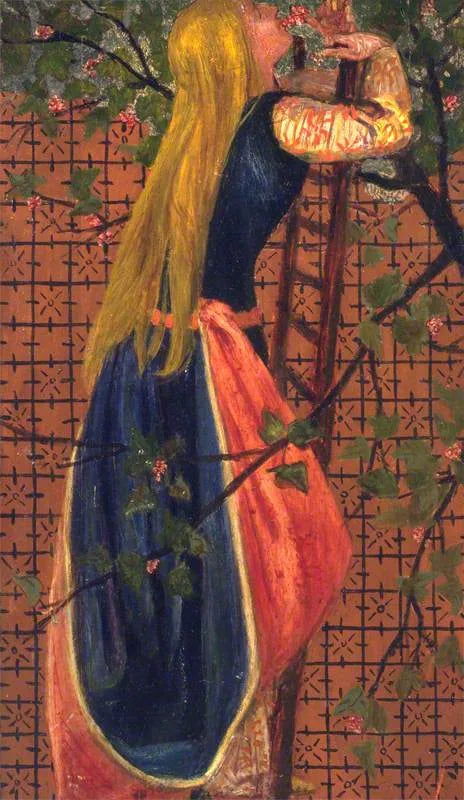 Una mujer en una escalera oliendo una flor - Edward Burne-Jones
