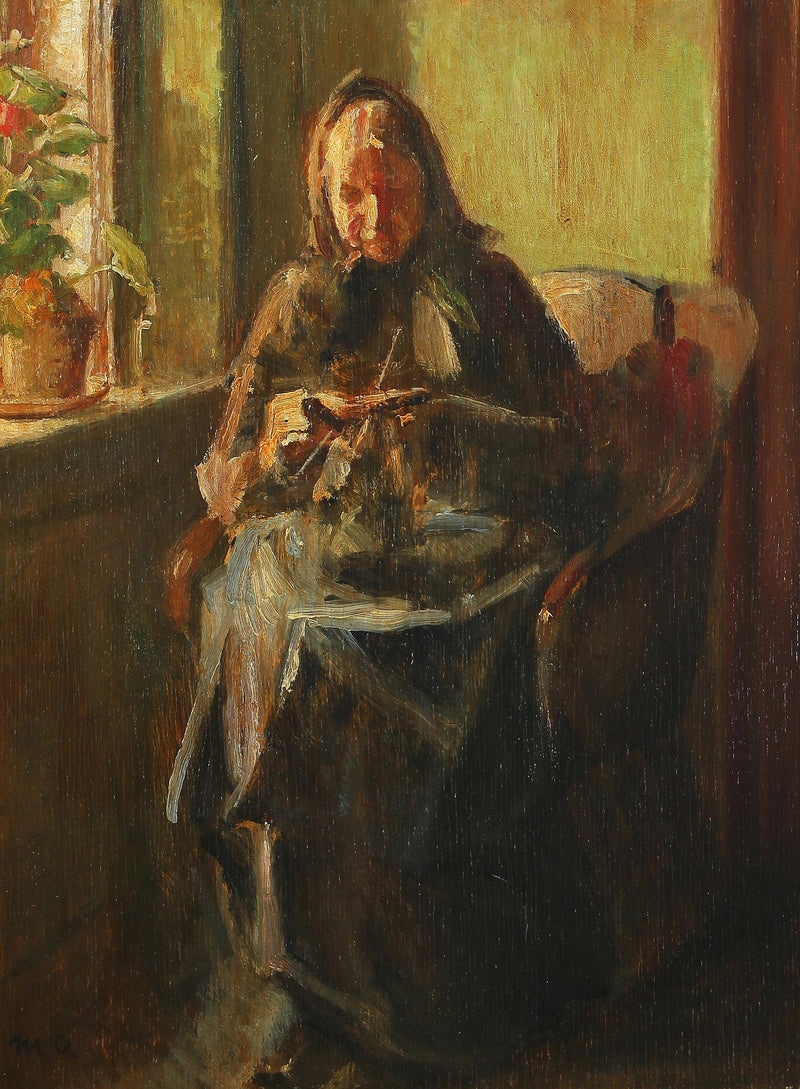 Una mujer teje en una habitación soleada. - Michael Peter Ancher