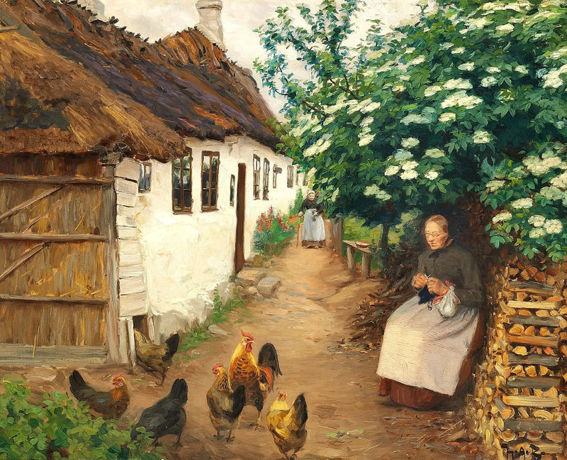 Una mujer teje cerca de una vieja casa. - H. A. Brendekilde